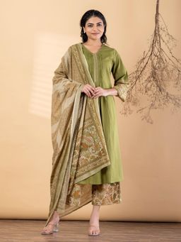 Readiprint - Women Green Pure Cotton Kurta with Pant and Dupatta