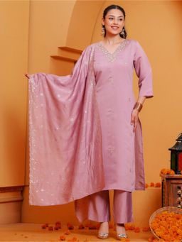 ARAMYA - Women Pink Chanderi Kurta with Pant and Dupatta