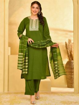 ARAMYA - Women Green Chanderi Kurta with Pant and Dupatta