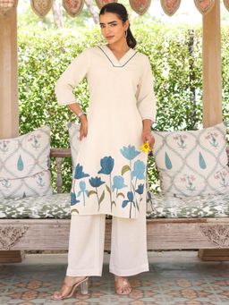 ARAMYA - Women Off White Cotton Linen Kurta with Pant