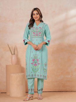 ARAMYA - Women Turquoise Cotton Kurta with Pant