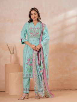 ARAMYA - Women Turquoise Cotton Kurta with Pant and Dupatta