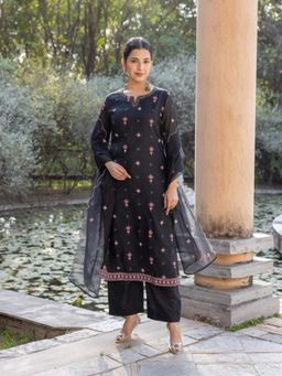 ARAMYA - Women Black Chanderi Kurta with Pant and Dupatta