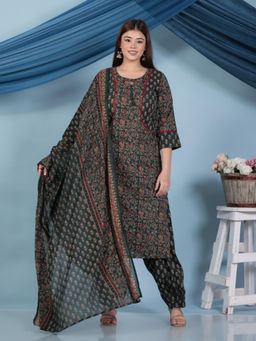 ARAMYA - Women Green Cotton Kurta with Salwar and Dupatta