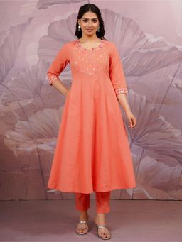 ARAMYA - Women Peach Dobby Anarkali Kurta with Pant