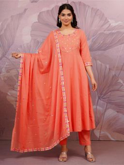 ARAMYA - Women Peach Dobby Anarkali Kurta with Pant and Dupatta