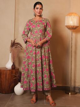 ARAMYA - Women Pink Cotton Anarkali Kurta with Pant