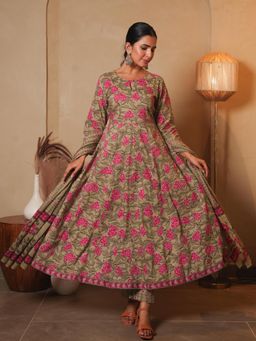 ARAMYA - Women Pink Cotton Anarkali Kurta with Pant and Dupatta