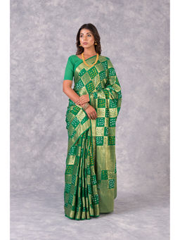 KISHORI - Womens Bandhani and Banarasi Saree and Blouse Fabric-Green