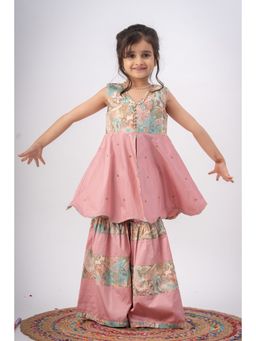 Peekaaboo Kids - Girls Peach Printed Cotton Kurti with Sharara