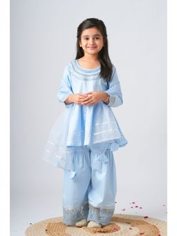 Peekaaboo Kids - Girls Blue Solid/Plain Cotton Kurti and Sharara with Dupatta