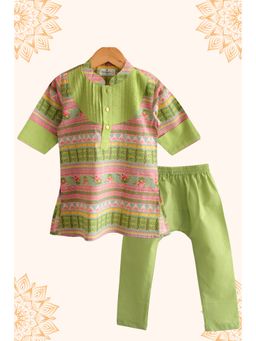 Peekaaboo Kids - Boys Green Printed Cotton Kurta with Pyjama