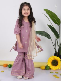 Kinder Kids - Girls Purple Printed Cotton Kurti and Sharara with Dupatta