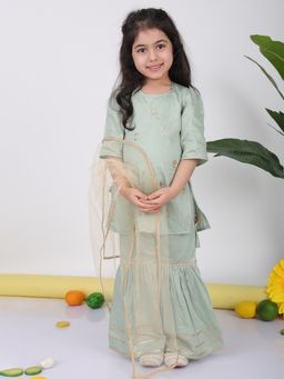 Kinder Kids - Girls Green Printed Cotton Kurti and Sharara with Dupatta