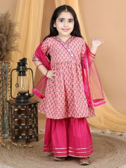 Kinder Kids - Girls Pink Printed Cotton Kurti and Sharara with Dupatta