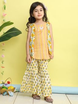 Kinder Kids - Girls Yellow Printed Cotton Kurti and Sharara with Jacket