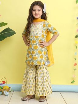 Kinder Kids - Girls Yellow Printed Cotton Kurti and Sharara with Dupatta