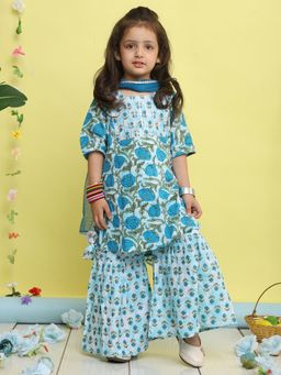 Kinder Kids - Girls Blue Printed Cotton Kurti and Sharara with Dupatta