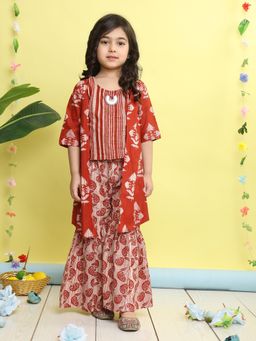 Kinder Kids - Girls Brown Printed Cotton Kurti and Sharara with Jacket