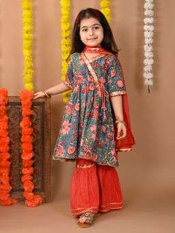 Kinder Kids - Girls Blue Printed Cotton Kurti and Sharara with Dupatta