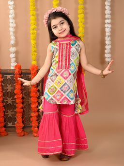 Kinder Kids - Girls Multi-Color Printed Cotton Kurti and Sharara with Dupatta