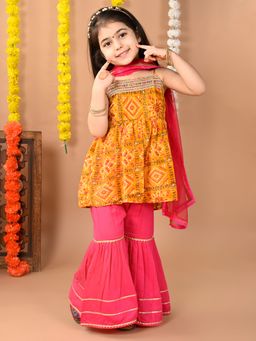 Kinder Kids - Girls Yellow Printed Cotton Kurti and Sharara with Dupatta