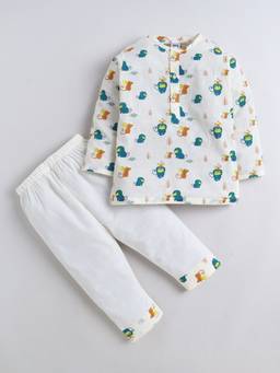 Polka Tots - Unisex Cream Printed Cotton Kurta with Pyjama