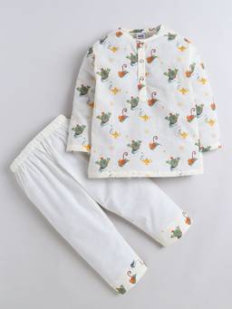 Polka Tots - Unisex Cream Printed Cotton Kurta with Pyjama