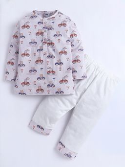 Polka Tots - Unisex White Printed Cotton Kurta with Pyjama