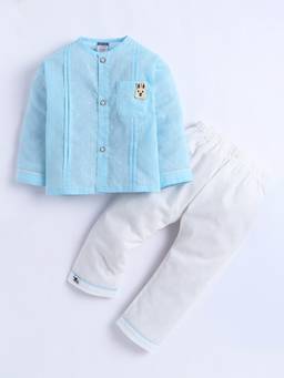 Polka Tots - Unisex Turquoise Solid/Plain Cotton Jabla with Pant
