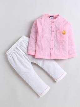 Polka Tots - Unisex Pink Solid/Plain Cotton Jabla with Pant