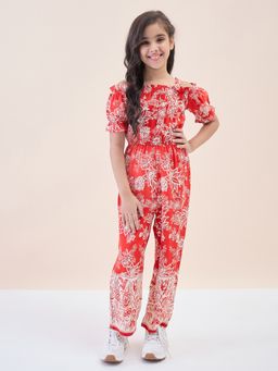 StyloBug - Girls Red Printed Viscose Rayon Jumpsuit