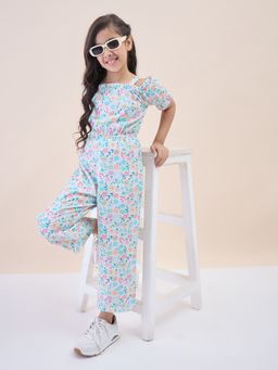 StyloBug - Girls Off White Floral Rayon Jumpsuit