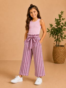 StyloBug - Girls Pink Stripes Polyester Tank Top with Pant