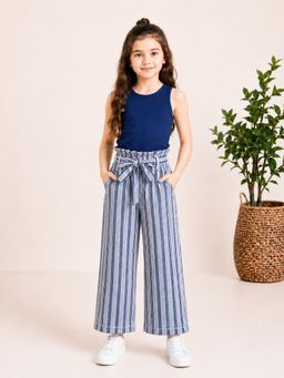 StyloBug - Girls Blue Stripes Polyester Tank Top with Pant