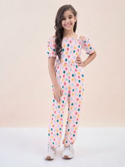 StyloBug - Girls Pink Polka Dots Polyester Jumpsuit