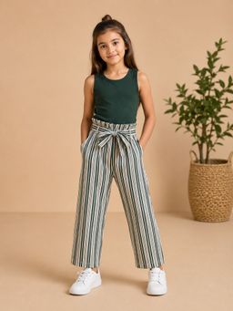 StyloBug - Girls Green Stripes Polyester Tank Top with Pant