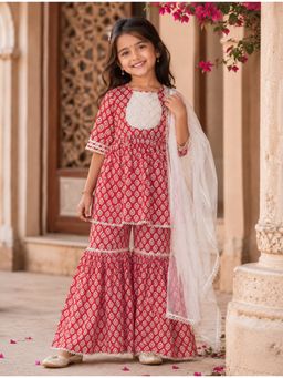 AWW HUNNIE - Girls Red Printed Cotton Kurti and Sharara with Dupatta