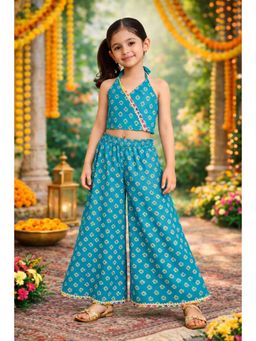 AWW HUNNIE - Girls Teal Printed Cotton Crop Top with Palazzo
