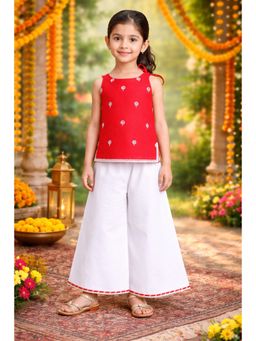 AWW HUNNIE - Girls Red Solid/Plain Cotton Top with Palazzo