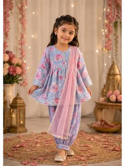 AWW HUNNIE - Girls Grey Floral Cotton Kurti and Salwar with Dupatta