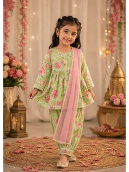 AWW HUNNIE - Girls Green Floral Cotton Kurti and Salwar with Dupatta