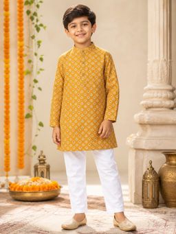 AWW HUNNIE - Boys Mustard Printed Cotton Kurta with Pyjama