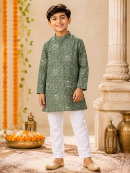 AWW HUNNIE - Boys Green Printed Cotton Kurta with Pyjama