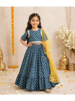 AWW HUNNIE - Girls Blue Printed Cotton Choli and Lehnga with Dupatta