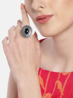 Accessher - Silver Plated Trible Jewellery Inspired Black Stone Embedded Adjustable Finger Ring