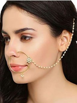 Accessher - Golden Brass Traditional Jadau Kundan & Pearl Nose Ring with Chain