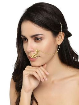 Accessher - Gold Color Copper Material Jadau Kundan Nose Ring with Chain & Drops