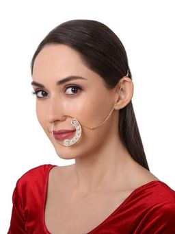 Accessher - Gold Plated Pressing Type Bridal Kundan Nose Ring with Chain