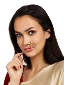 Accessher - Ethnic Peacock Design American Diamond & Pearls Embedded Delicate Clip On Nose Ring